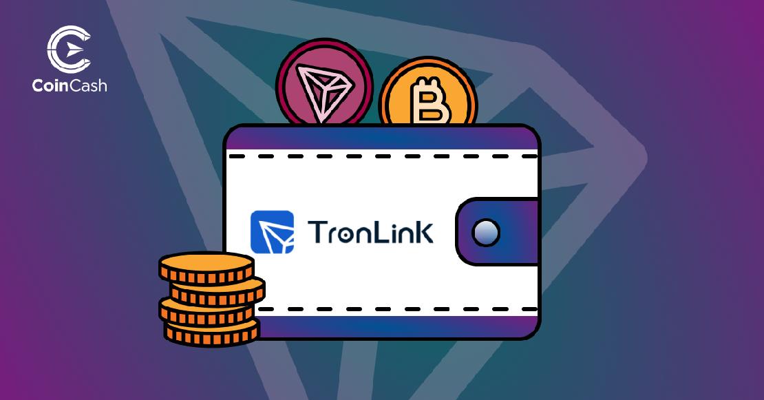 TronLink felirattal ellátott pénztárca, a tetején BTC és TRON jellel ellátott érmével, előtte egymáson lévő pénzérmékkel